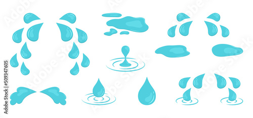 Tear and water vector icon, cartoon puddle, cry drop, blue rain stream isolated on white background. Aqua illustration