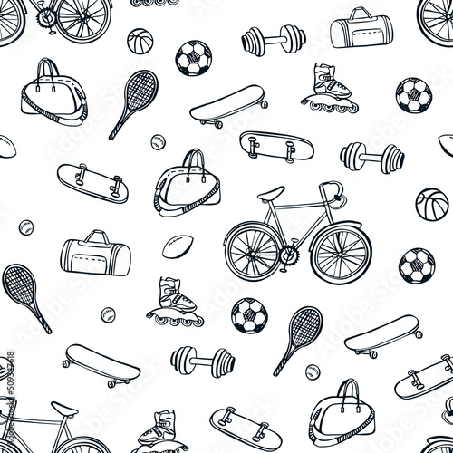 Bicycle, footbal, tennis, skateboarding sport vector seamless pattern