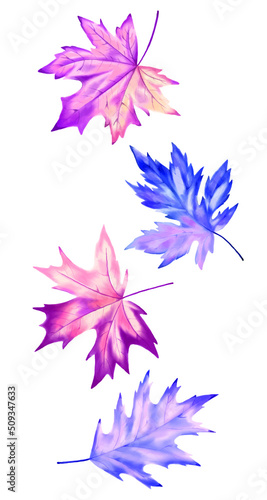 Hand drawn watercolor painting. Leaves in blue and purple colors. Illustrations on a white background. To create invitations, labels, postcards.