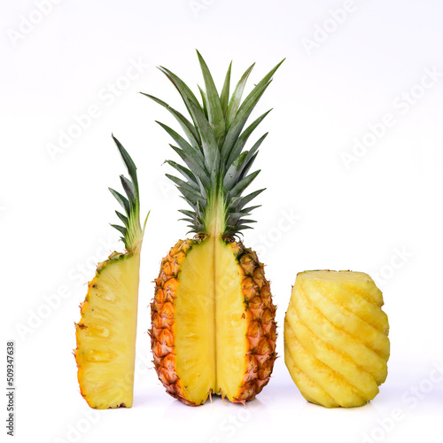 Fresh slice pineapple pieces on table. Closeup summer food and drink