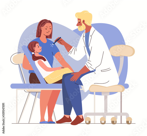 Female child at neurologist's appointment. Doctor checks reflex of patient eyes with the light of  flashlight. Isolated on white background. Vector characters flat cartoon illustration.