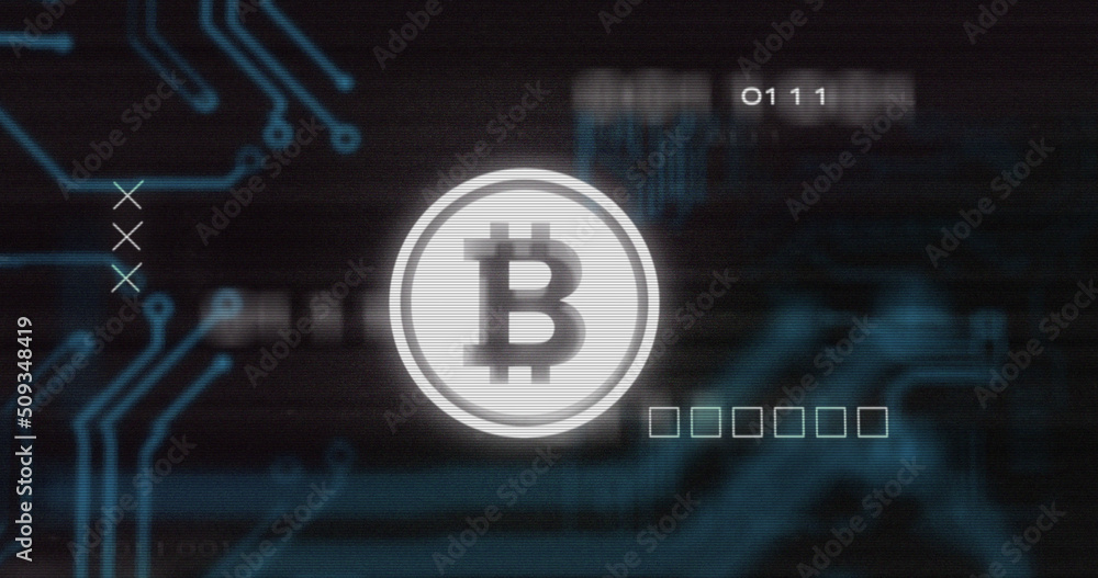 Obraz premium Image of interference over bitcoin symbol, data processing and computer circuit board