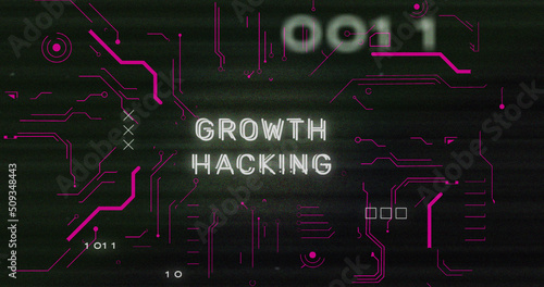 Image of interference over growth hacking text, data processing and computer circuit board photo