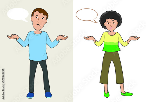 I don’t know. Man and woman shrug, show helpless gesture, spread their hands showing that he or she doesn’t know what to do. Vector Illustrations.