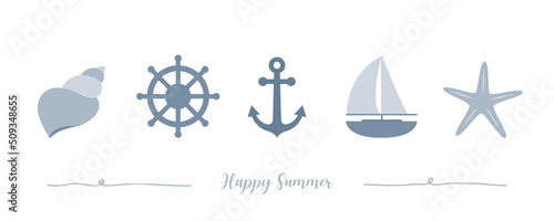 Fotografia happy summer holiday banner design with with sailing boat shell and anchor