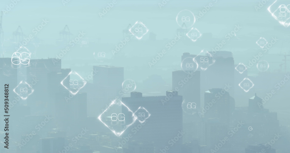 Fototapeta premium 5g and 6g text over multiple banners against aerial view of cityscape