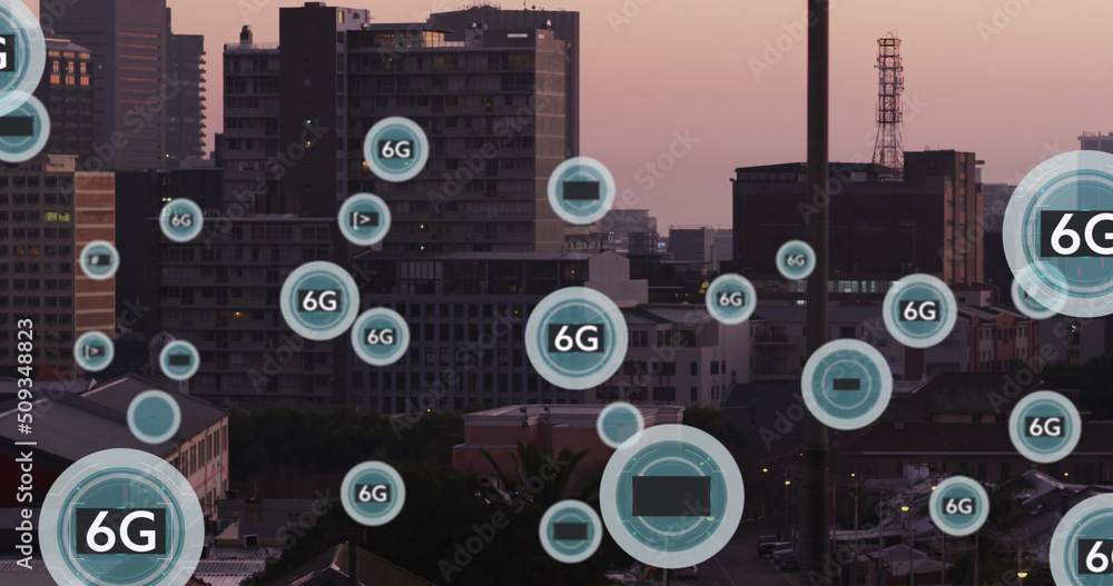 Fototapeta premium 6g text over multiple round banners against aerial view of cityscape