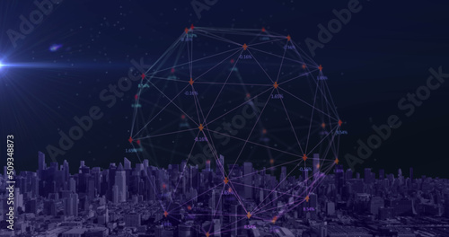 Image of network of connections with icons over cityscape