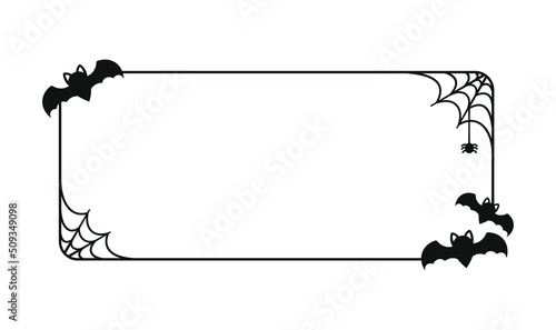 Bat with spiders on web rectangle border frame. Spooky cartoon Halloween theme frames