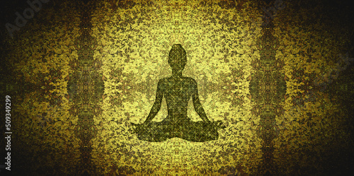 Inner light of meditation, silhouette of a woman sitting in meditation pose,  on a colorful ornament in yellow, golden tones, pattern,  background, psycodelic, fractal, trance photo