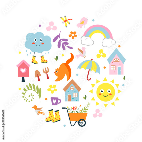 Cute children's set with colorful elements. Perfect for design. Spring illustration.