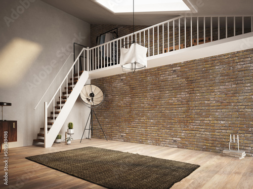 3d illustration  Room with a large staircase. Attic type space  brick wall and parquet floor. Great rug. Natural light entering through the ceiling through a large open vault