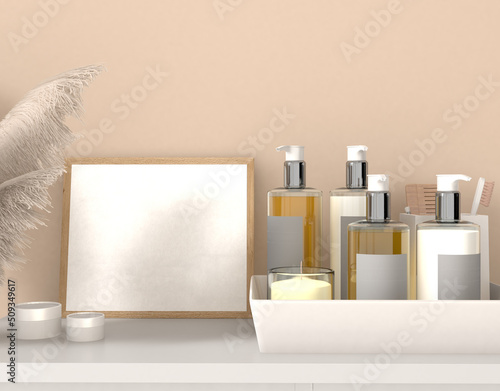 Mockup with empty picture frame on white shelf with Bath decoration  3D rendering  3D illustration