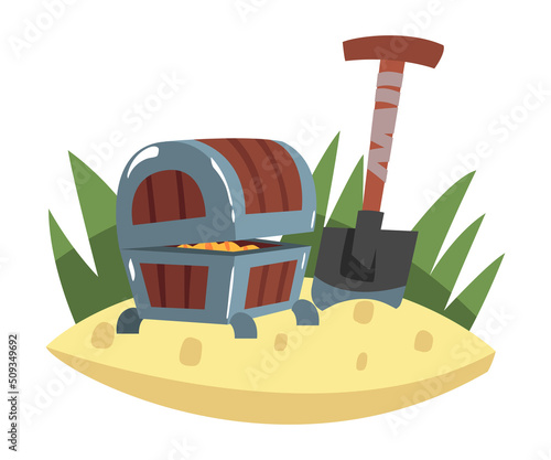 Pirates Treasure Chest with Gold and Shovel Rested in Sand Vector Illustration