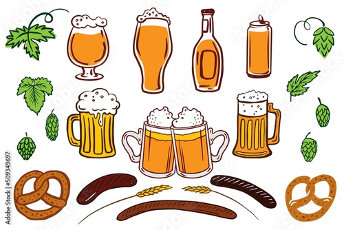A bottle, glass, mug, can of beer set. Vector illustration of  foaming drink and hop cones, pretzel, sausages, wheat isolated on white for poster, flyer, menu design.
