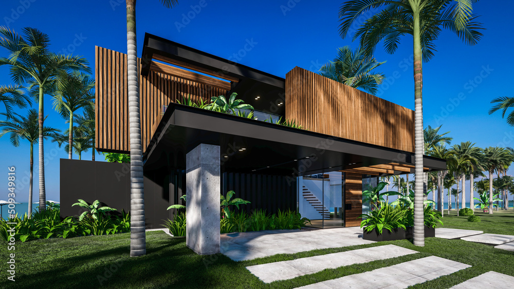 3d rendering of modern cozy house with parking and pool for sale or rent with wood plank facade by the sea or ocean. Sunny day by the azure coast with palm trees and flowers in tropical island 3d rendering of modern cozy house with parking and pool for sale or rent with wood plank facade by the sea or ocean. Sunny day by the azure coast with palm trees and flowers in tropical island
