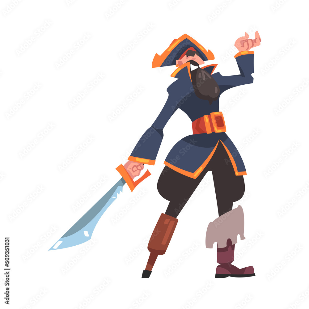Bearded One-legged Pirate or Buccaneer with Saber and Angry Grin Vector Illustration