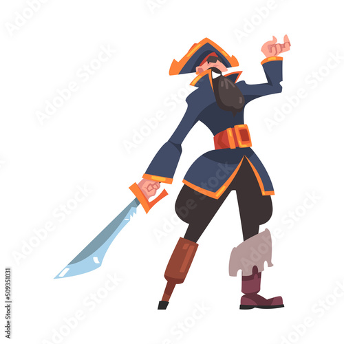 Bearded One-legged Pirate or Buccaneer with Saber and Angry Grin Vector Illustration