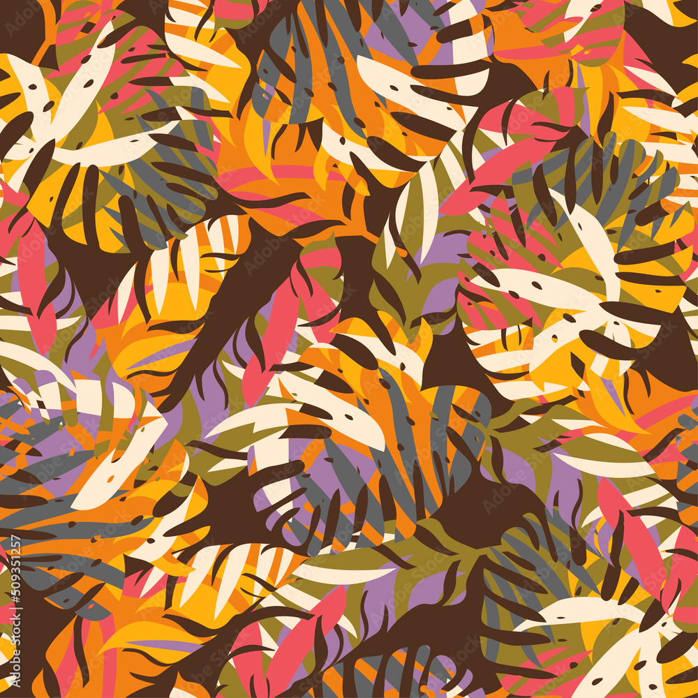 Abstract seamless tropical pattern with bright plants and leaves on a dark background. Tropic leaves in bright colors. Summer colorful hawaiian seamless pattern with tropical plants.