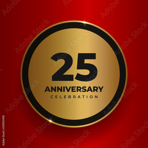 25 years anniversary celebration background. Celebrating 25th anniversary event party poster template. Vector golden circle with numbers and text on red square background. Vector illustration
