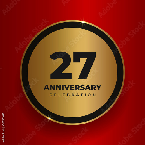 27 years anniversary celebration background. Celebrating 27th anniversary event party poster template. Vector golden circle with numbers and text on red square background. Vector illustration