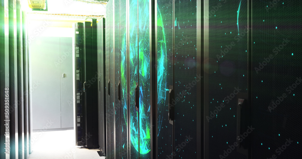 Fototapeta premium Image of moving shapes over server room