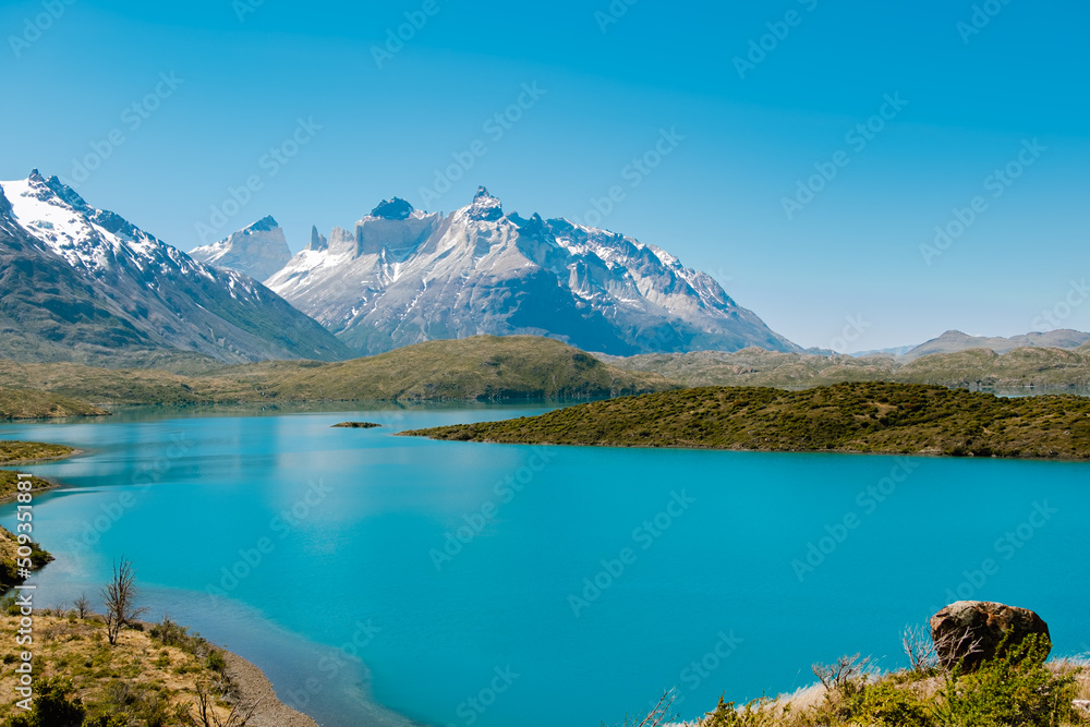Top view of Pehoe lake and Cuernos del Paine mountain, Torres del Paine National Park in Chile