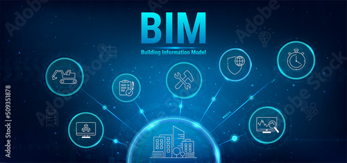 BIM banner web icon vector illustration concept for building information modeling. BIM banner with icons. The concept of business. Industry construction, from start to finish. Vector illustration