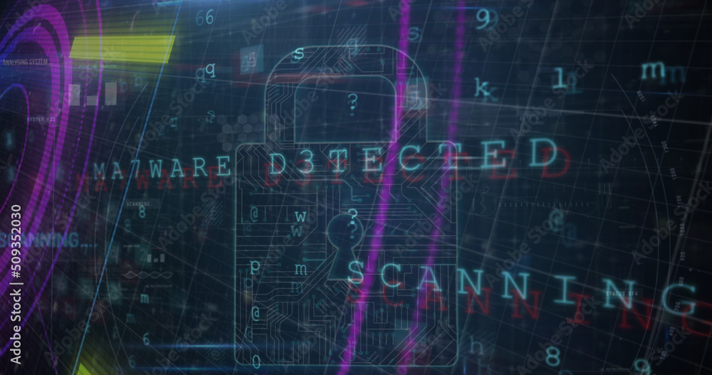 Image of security padlock and data processing over navy background Image of security padlock and data processing over navy background
