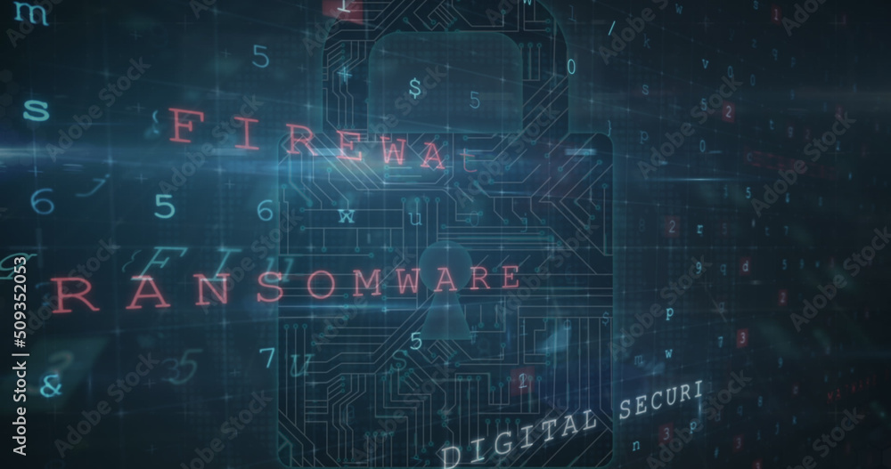 Fototapeta premium Image of security padlock and data processing over navy background
