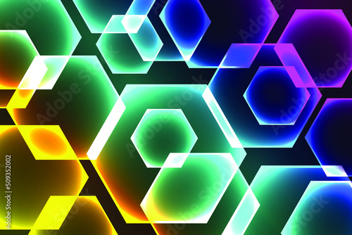 Neon shimmering bokeh background with hexagons. Defocused blurry light. Abstract vector background.