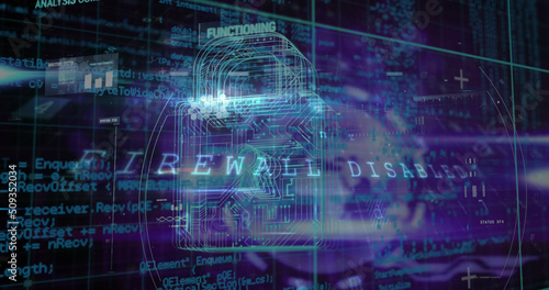 Image of security padlock and data processing over navy background