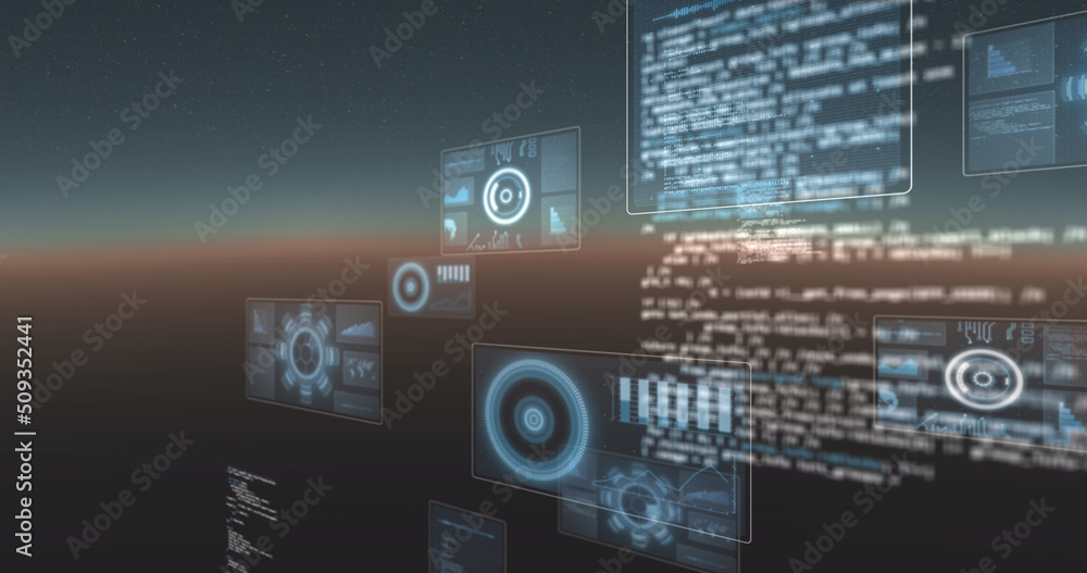 Fototapeta premium Image of screens with scopes scanning and data processing