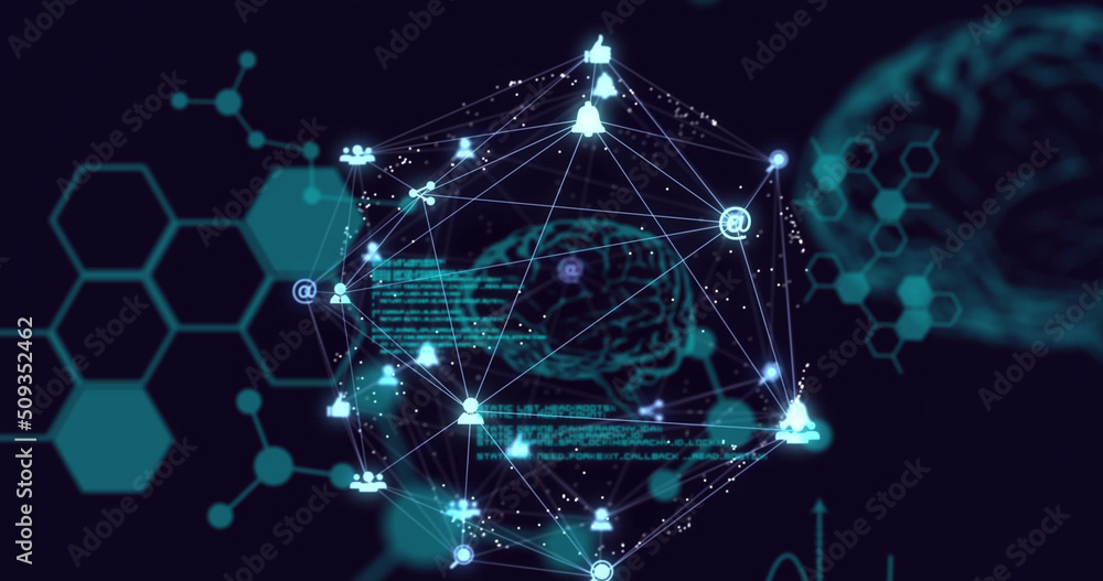 Image of globe of connections over data processing and icons on black background Image of globe of connections over data processing and icons on black background