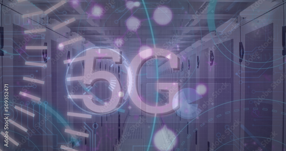 Obraz premium Image of data processing and scope scanning with 5g text over server room
