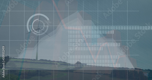 Image of data processing and icons over windmill