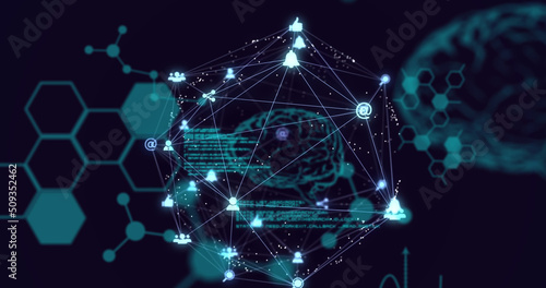 Image of globe of connections over data processing and icons on black background © vectorfusionart