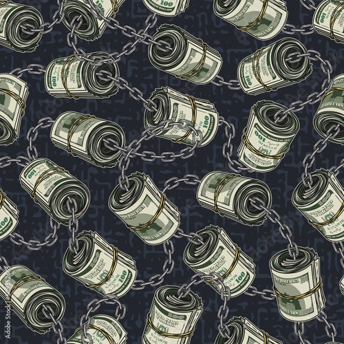 Money seamless pattern with rolls of 100 dollars bills connected by steel chain on a dark blue grunge background with small abstract particles like blots, stain. Detailed vintage vector illustration