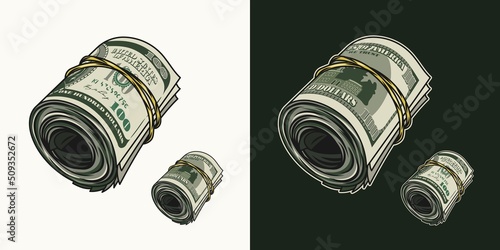 Color money roll of 100 dollar bills with front and reverse side. Cash money. Vintage style. Detailed isolated vector illustration on dark and white background. Perspective side view