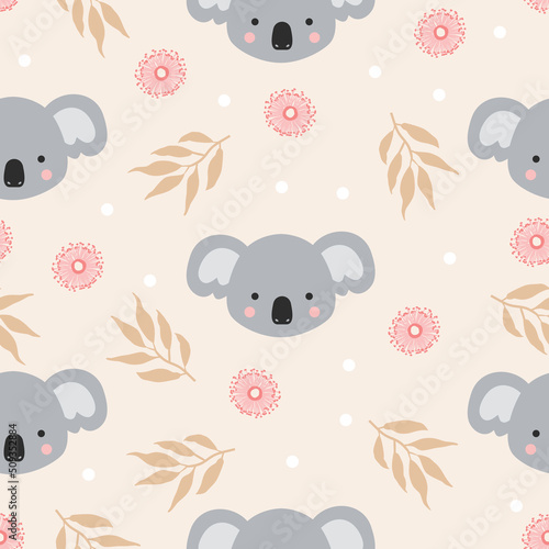 Native Exotic Australian Animal Koala Bear with Eucalyptus Blossom Gum Leaves Seamless Repeat Pattern