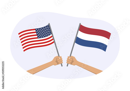 USA and Netherlands flags. Dutch and American national symbols. Hand holding waving flag. Vector illustration.