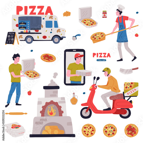 Italian Pizza Cooking and Delivery Service with Wood-fired Oven, Pizzaiolo and Courier on Scooter Vector Set