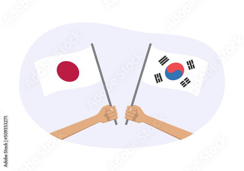Japan and USA flags. American and Japanese national symbols. Hand holding waving flag. Vector illustration.