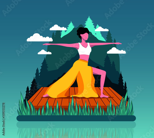 Vector bright concept illustration of a yogi girl, is engaged in meditation and yoga in the mountains. Yoga practice. Young and happy woman meditating