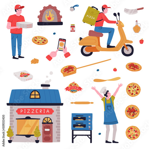 Italian Pizza Cooking and Delivery Service with Wood-fired Oven, Pizzaiolo and Courier on Scooter Vector Set