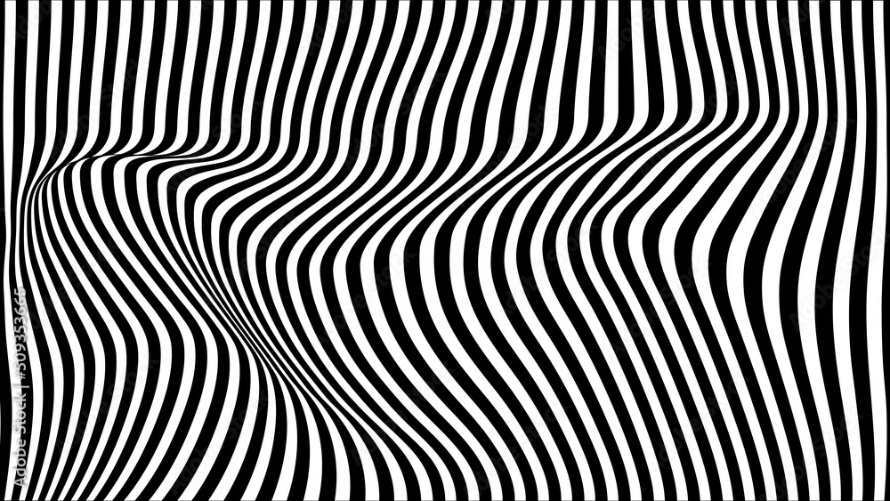 Distorted lines are an illusion of movement. Black and white pattern wavy lines. Vector illusion.