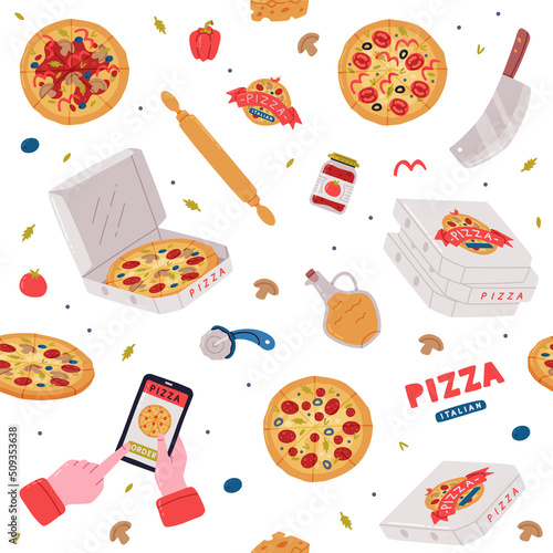 Italian Pizza Cooking with Ingredients and Cardboard Box for Delivery Service Vector Seamless Pattern
