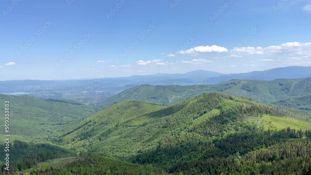 Panorama of beautiful mountains landscape. Mountain forest.