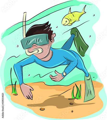 Scuba diver in mask with snorkel cartoon style swims underwater