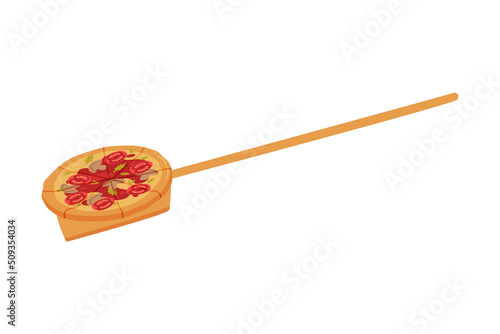 Appetizing Italian Pizza as Round Hot Dough Topped with Tomato and Mushroom on Wooden Oven Shovel Vector Illustration